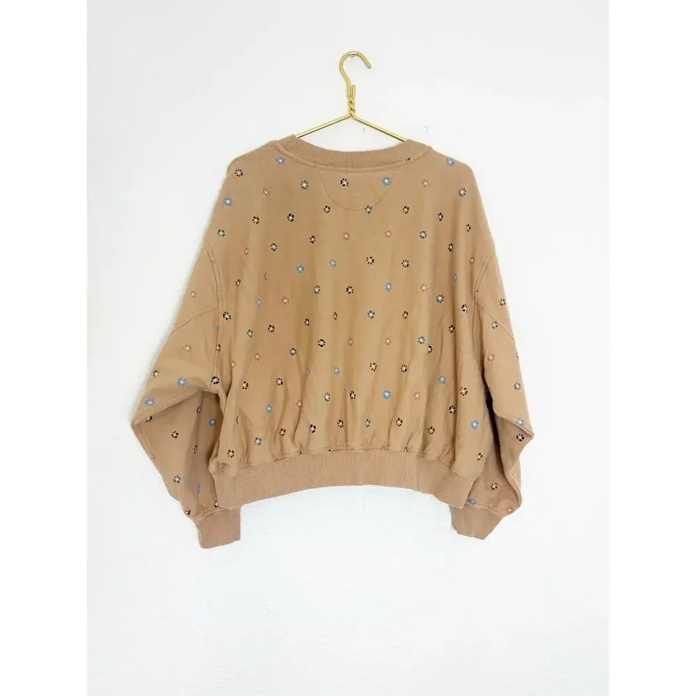 Madewell Terry Sweatshirt in Dot Daisy Size 2X Tan Sloucy Oversized Boho Lounge